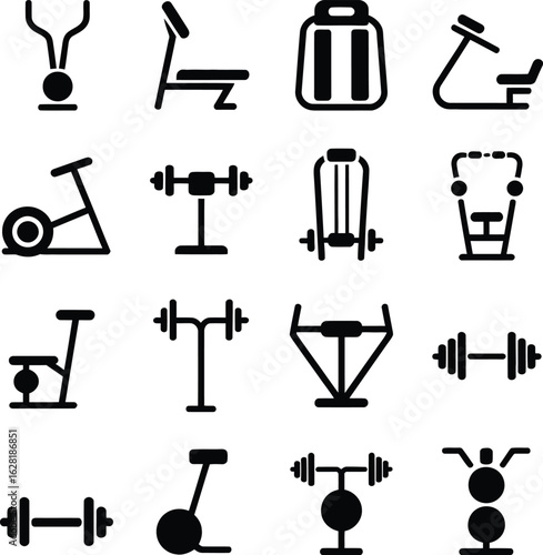Fitness Equipment Icons Set Gym Workout Machines And Weights exercise bike treadmill