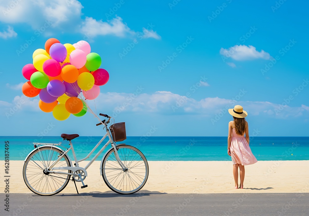 Fototapeta premium A young woman on a beach with a bicycle and colorful balloons. Generative Ai