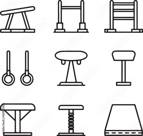 Gymnastics Equipment Outline Icons Balance Beam, Uneven Bars, Rings, Vault Table, Pommel Horse, Springboard, and Mat