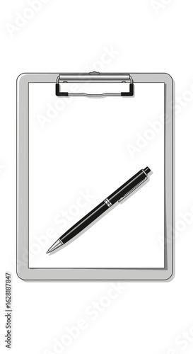A clipboard with a blank sheet of paper and a pen placed on top.
