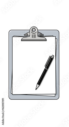 A gray clipboard with blank paper and a pen, ready for notes or tasks.