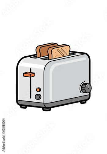 Cartoon illustration of a two-slice toaster with toasted bread.
