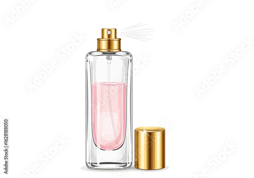 A clear glass perfume bottle with gold accents, partially full with a light pink liquid, sits next to its gold cap on a white background.