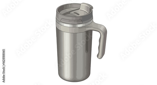 Gray, insulated travel mug with a lid and handle.