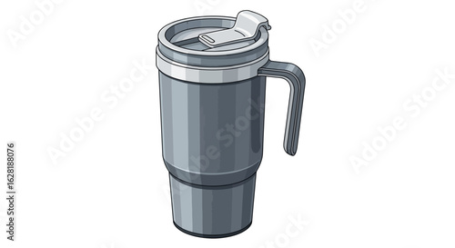Gray insulated travel mug with a lid and handle.