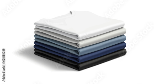 Stack of various colored plain t-shirts, neatly folded and displayed against a white background.