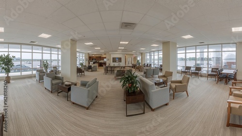 Wallpaper Mural Spacious and well-lit airport lounge interior with comfortable seating, tables, and large windows offering expansive views of the runway and exterior environment. Torontodigital.ca