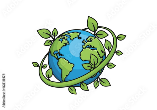 A cartoon illustration of planet Earth wrapped in a green leafy vine, symbolizing nature and ecology.