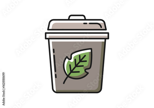A stylized illustration of a waste bin with a green leaf symbol, representing eco-friendliness.