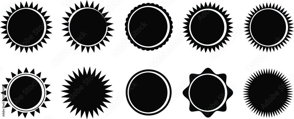 Fototapeta premium Collection of ten decorative oval frames with sunburst edges and grunge texture