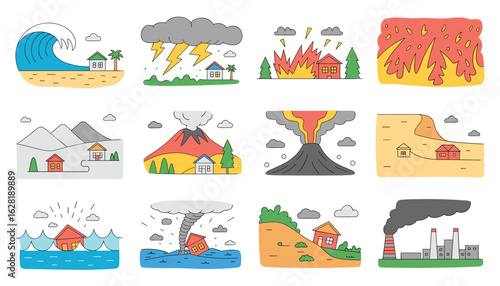 Collection of twelve cartoon illustrations depicting natural disasters and environmental hazards tsunami