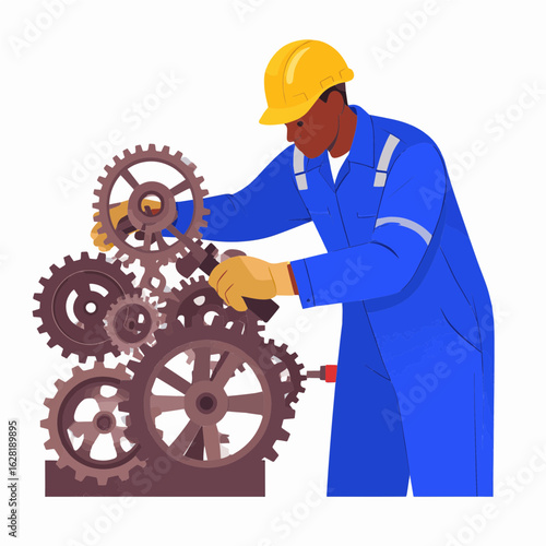 Flat design vector of industrial mechanic operating gears and machinery. Engineering and technical maintenance concept.