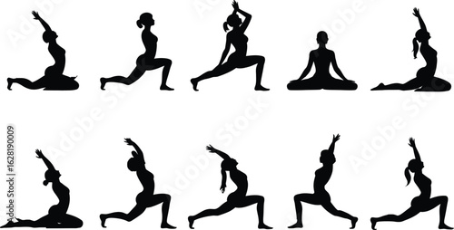 Collection of silhouettes of women performing various yoga poses