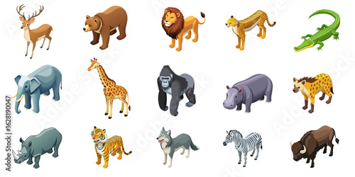 Wild Animals Isometric Icon Set - 3D Vector Style