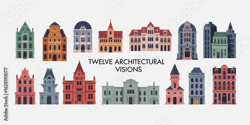 Collection of Twelve Diverse Architectural Building Illustrations on White Background architecture house