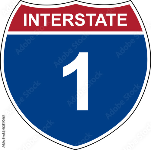 Interstate 1. Interstate highway sign. Road number. Signpost indicating route numbers in the U.S. Interstate Highway System. Even numbers run west to east. Odd numbers run north to south.
