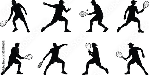 Collection of silhouettes of tennis players in action poses