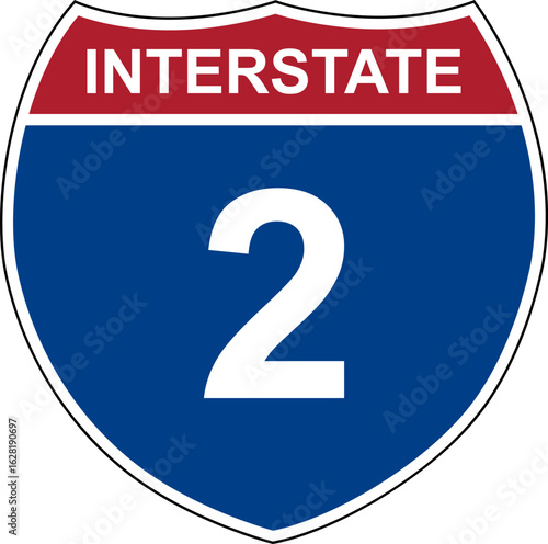Interstate 2. Interstate highway sign. Road number. Signpost indicating route numbers in the U.S. Interstate Highway System. Even numbers run west to east. Odd numbers run north to south.