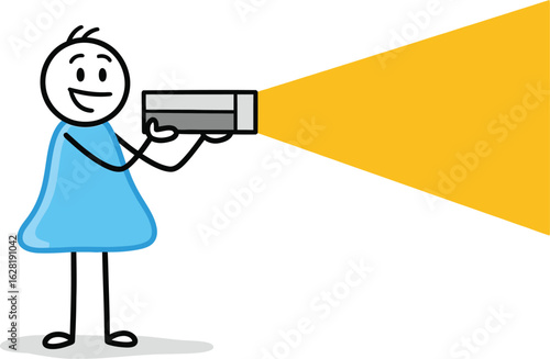 Stick figure holding flashlight shining light vector illustration art