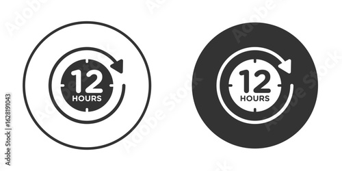 12 Hours clock icon concept, simple flat design. Clipart vecot in black colors