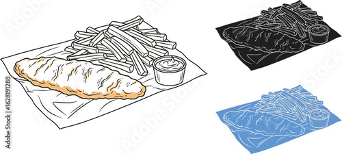 Hand drawn illustration of fish and chips with tartar sauce