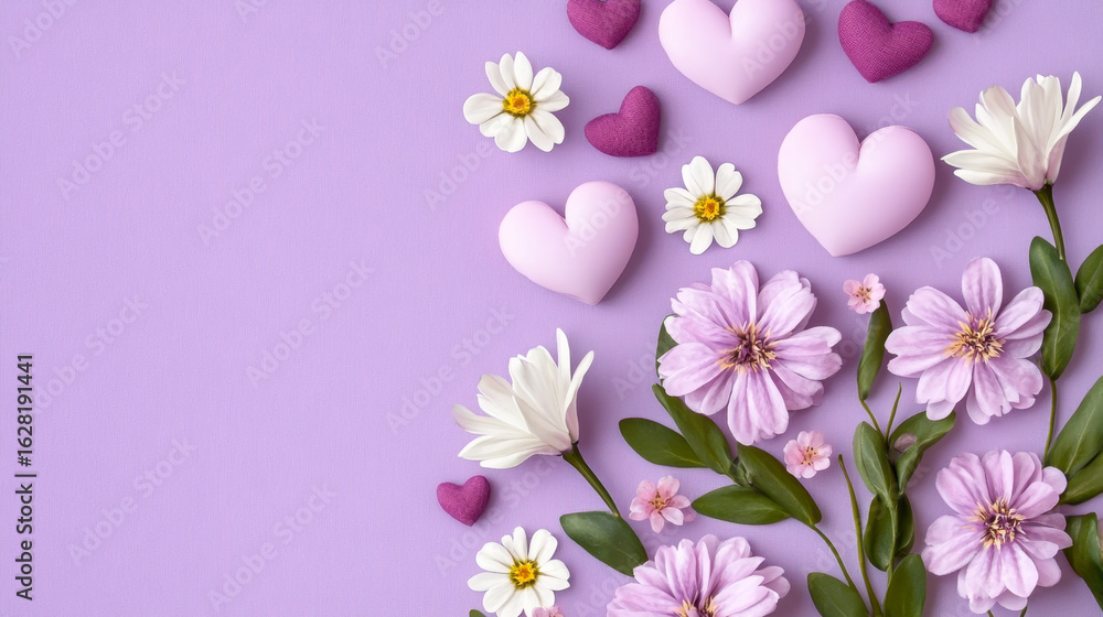 Fototapeta premium purple background, flowers and hearts for mother's day with spring look