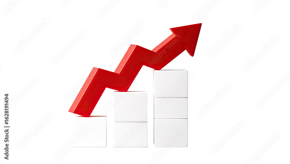 Red arrow ascending over stacked white cubes Red arrow ascending over stacked white cubes