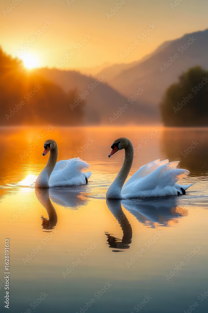 Fototapeta premium beautiful white swan in heart shape on lake in flare light
