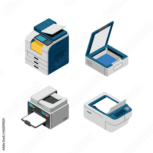 Four isometric office printers and scanners with blue and gray details office equipment technology