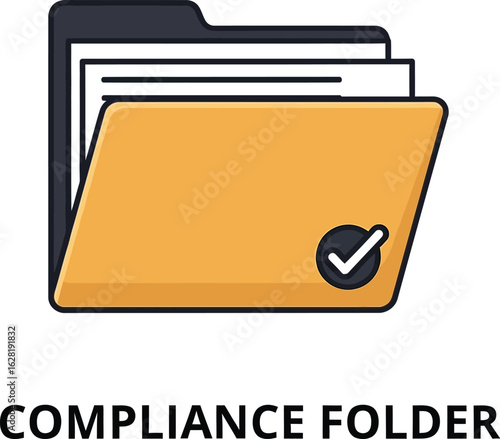 Vector art of compliance folder with check mark, perfect for illustrating data management, regulatory compliance, and document control in a modern and colorful style