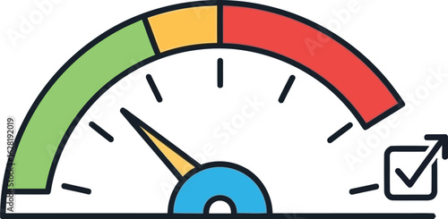 Vector art of speedometer gauge indicator meter performance level measurement progress success efficiency productivity quality control check mark tick