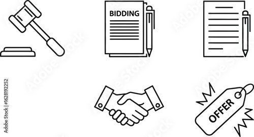 Vector art of auction and bidding icons depicting legal processes, agreements, and successful deals in business, finance, and legal contexts