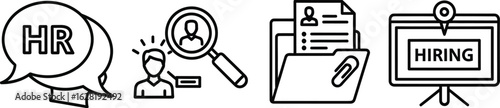 Vector art of set of line art icons representing hr, recruitment, hiring process, job search, and candidate selection, symbolizing human resources