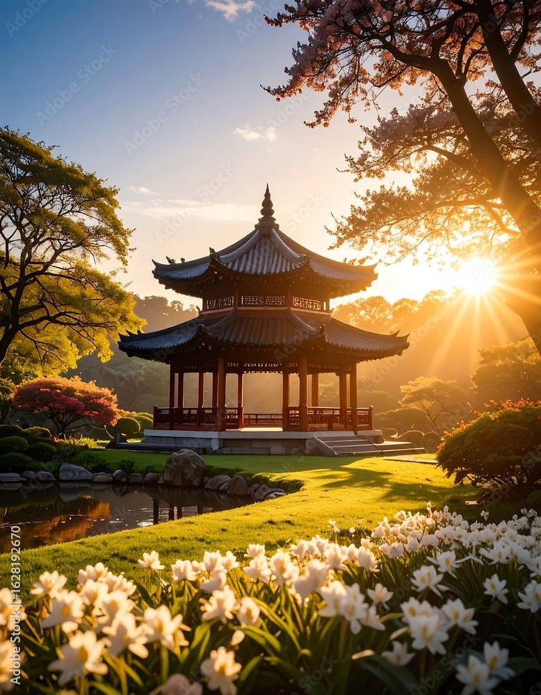 Fototapeta premium Sunrise Pagoda Garden Serenity