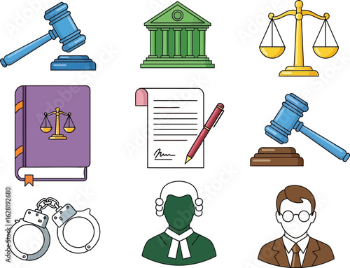 Collection of legal symbols and figures for justice and law