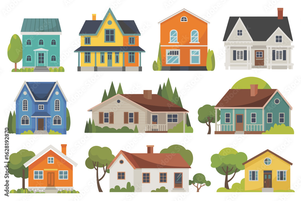 Nine colorful cartoon houses with trees on a white background home building Nine colorful cartoon houses with trees on a white background home building