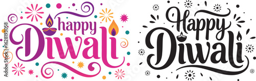 Colorful and black and white typography for Happy Diwali festival logo