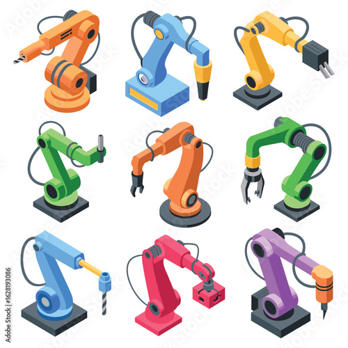 Nine colorful isometric robotic arms with different tools and grippers industrial robot automation