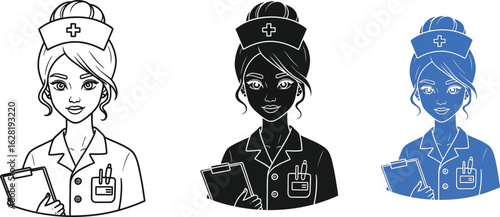 Three stylized illustrations of a nurse holding a cup