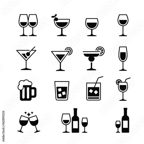 Set of 15 black and white beverage icons on a white background drink alcohol