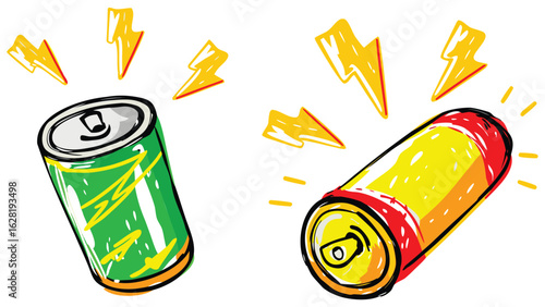 Illustration showing a green soda can and a yellow battery with lightning bolts around them both