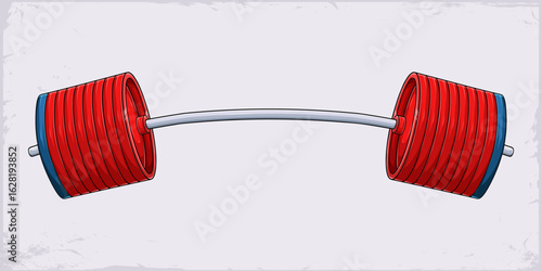 Heavily loaded Olympic barbell with multiple red plates and one blue plate for powerlifting competitions. curved deadlift bar