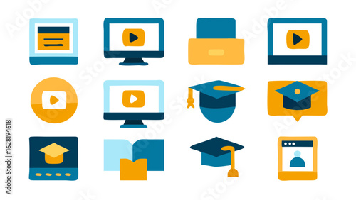 Education and Learning Vector Icons Featuring Online Course, Graduation, Exam, Books, Teacher, Quiz, E-learning, School Tools, and Certificate Elements