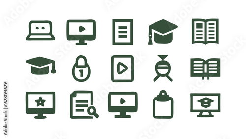 Education and Learning Vector Icons Featuring Online Course, Graduation, Exam, Books, Teacher, Quiz, E-learning, School Tools, and Certificate Elements