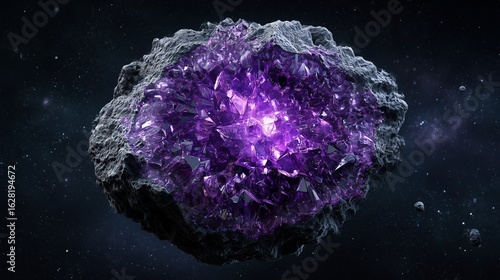 Floating Massive Planet-like Geode with Glowing Amethyst Core in Space
