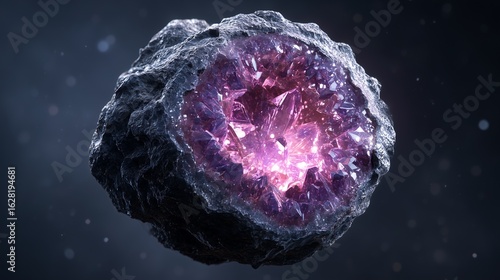 Massive Cracked Planet-like Geode with Glowing Amethyst Core in Space