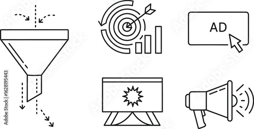 Vector art of outline icons of marketing strategy with funnel, target, advertisement, presentation, and megaphone