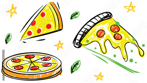 Illustration of whole pizza and two slices with pepperoni and basil leaves on a white background