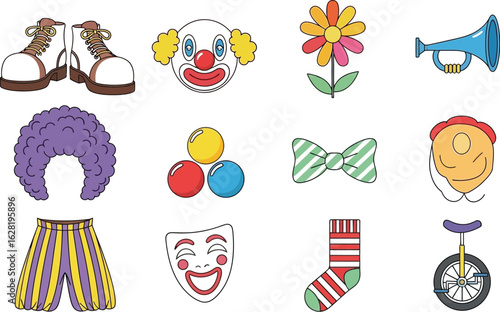colorful clown shoes, clown face, flower, party horn, wreath, balloons, bowtie, cake, happy clown face, striped socks, pocket watch
