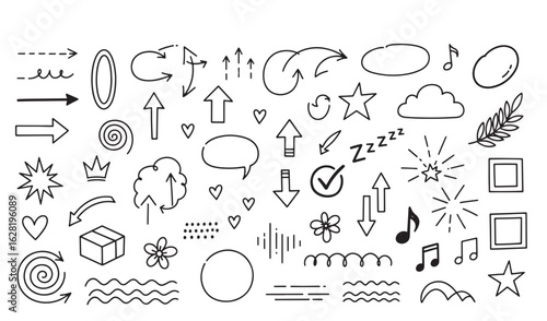Collection of hand drawn doodles including arrows hearts stars and decorative elements